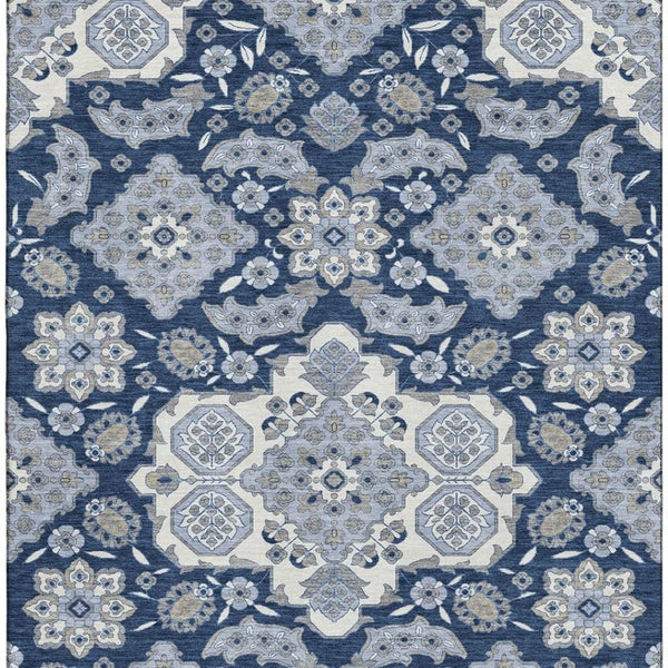 HomeRoots 9' Blue & Ivory Floral Medallion Area Rug - Washable, Stain Resistant, UV Protected for High-Traffic Spaces 705826