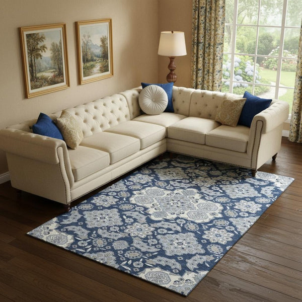 HomeRoots 10' Blue and Ivory Floral Medallion Washable Area Rug - Stain Resistant with UV Protection! 705827