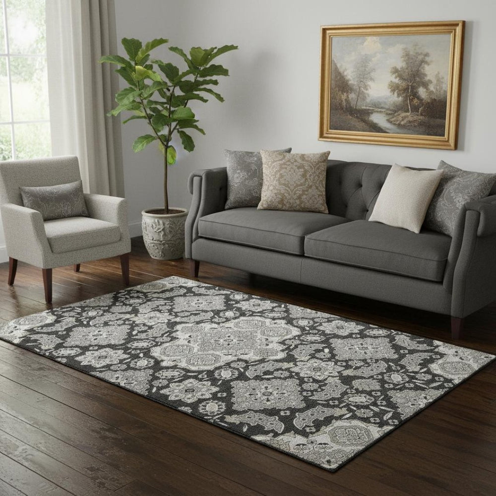 HomeRoots 5' X 8' Washable Charcoal & Gray Floral Medallion Area Rug with UV Protection for Easy Care & Style 705829
