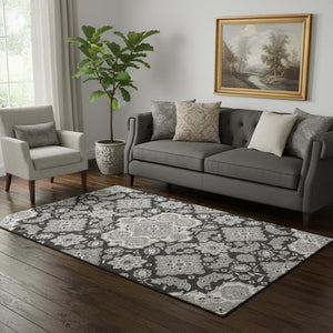 HomeRoots 5' X 8' Washable Charcoal & Gray Floral Medallion Area Rug with UV Protection for Easy Care & Style 705829