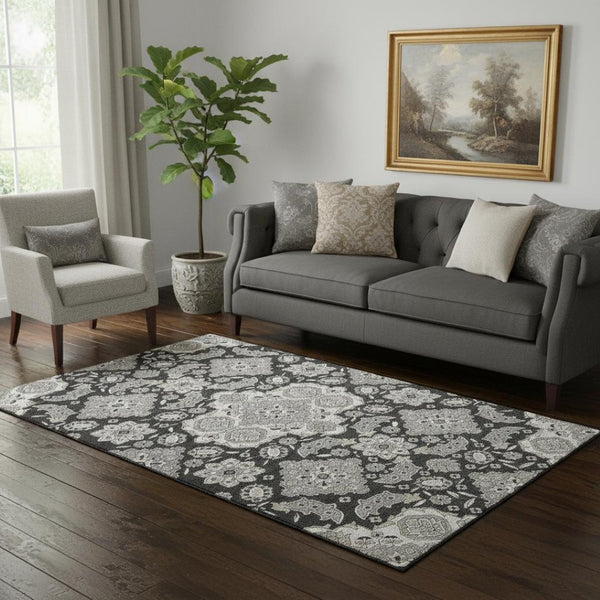 HomeRoots 5' X 8' Washable Charcoal & Gray Floral Medallion Area Rug with UV Protection for Easy Care & Style 705829