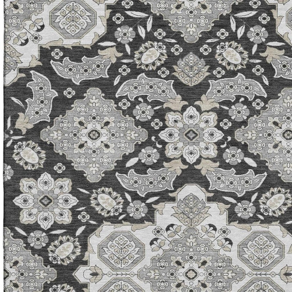 HomeRoots 5' X 8' Washable Charcoal & Gray Floral Medallion Area Rug with UV Protection for Easy Care & Style 705829