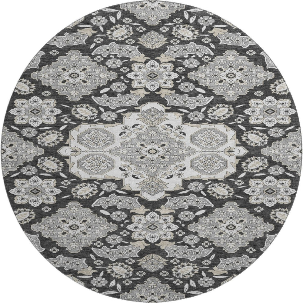 HomeRoots 8' Charcoal & Gray Floral Medallion Round Rug - Washable, UV Protected, Perfect for High-Traffic Areas 705830