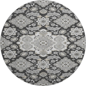 HomeRoots 8' Charcoal & Gray Floral Medallion Round Rug - Washable, UV Protected, Perfect for High-Traffic Areas 705830