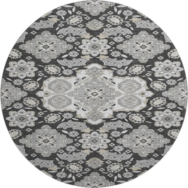 HomeRoots 8' Charcoal & Gray Floral Medallion Round Rug - Washable, UV Protected, Perfect for High-Traffic Areas 705830