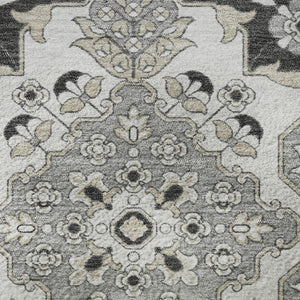 HomeRoots 8' Charcoal & Gray Floral Medallion Round Rug - Washable, UV Protected, Perfect for High-Traffic Areas 705830