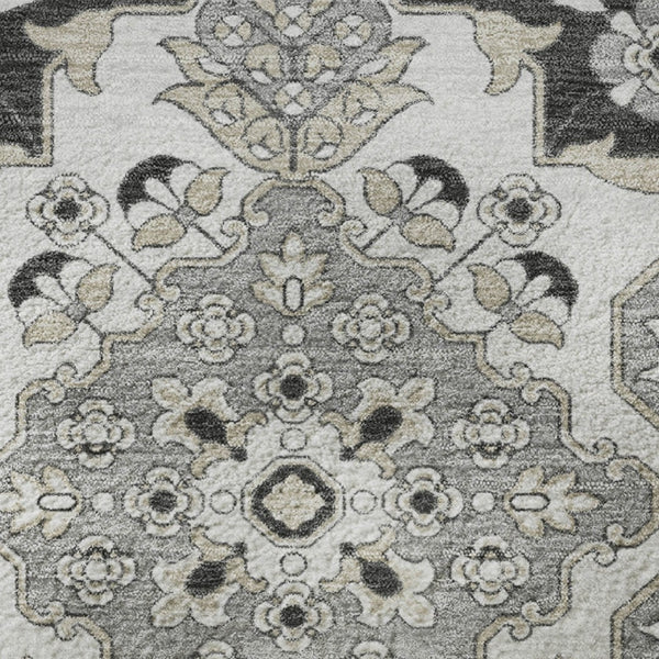 HomeRoots 8' Charcoal & Gray Floral Medallion Round Rug - Washable, UV Protected, Perfect for High-Traffic Areas 705830