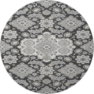 HomeRoots 8' Charcoal & Gray Floral Medallion Round Rug - Washable, UV Protected, Perfect for High-Traffic Areas 705830