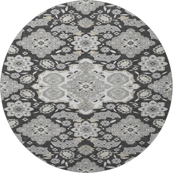 HomeRoots 8' Charcoal & Gray Floral Medallion Round Rug - Washable, UV Protected, Perfect for High-Traffic Areas 705830