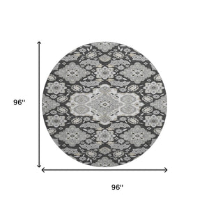 HomeRoots 8' Charcoal & Gray Floral Medallion Round Rug - Washable, UV Protected, Perfect for High-Traffic Areas 705830