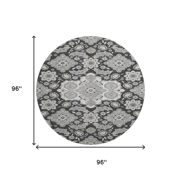HomeRoots 8' Charcoal & Gray Floral Medallion Round Rug - Washable, UV Protected, Perfect for High-Traffic Areas 705830