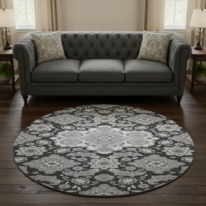 HomeRoots 8' Charcoal & Gray Floral Medallion Round Rug - Washable, UV Protected, Perfect for High-Traffic Areas 705830