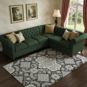 HomeRoots 9' X 12' Charcoal & Gray Floral Medallion Area Rug – Stain-Resistant, UV Protected, Durable Design 705832