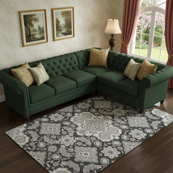 HomeRoots 9' X 12' Charcoal & Gray Floral Medallion Area Rug – Stain-Resistant, UV Protected, Durable Design 705832