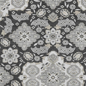 HomeRoots 9' X 12' Charcoal & Gray Floral Medallion Area Rug – Stain-Resistant, UV Protected, Durable Design 705832