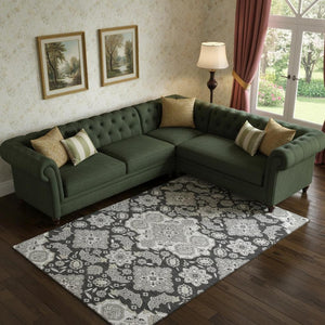 HomeRoots 10' Charcoal and Gray Floral Medallion Area Rug - Washable, UV-Protected, Stain-Resistant Design! 705833