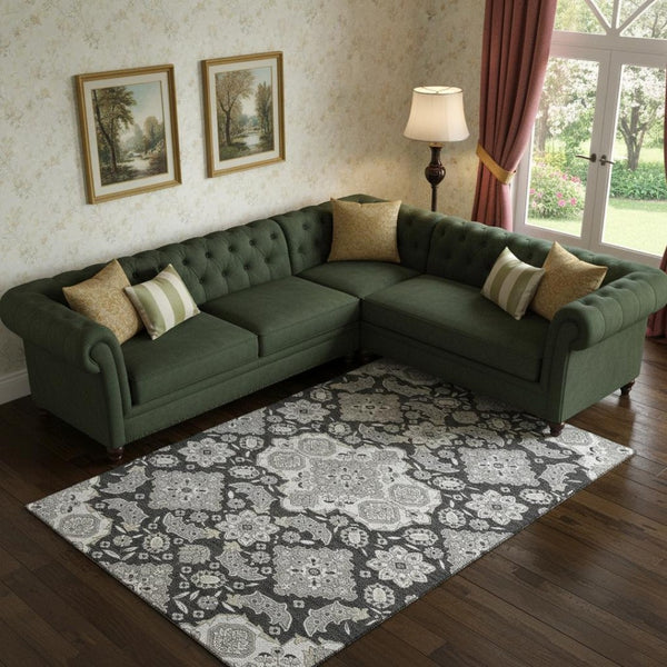 HomeRoots 10' Charcoal and Gray Floral Medallion Area Rug - Washable, UV-Protected, Stain-Resistant Design! 705833