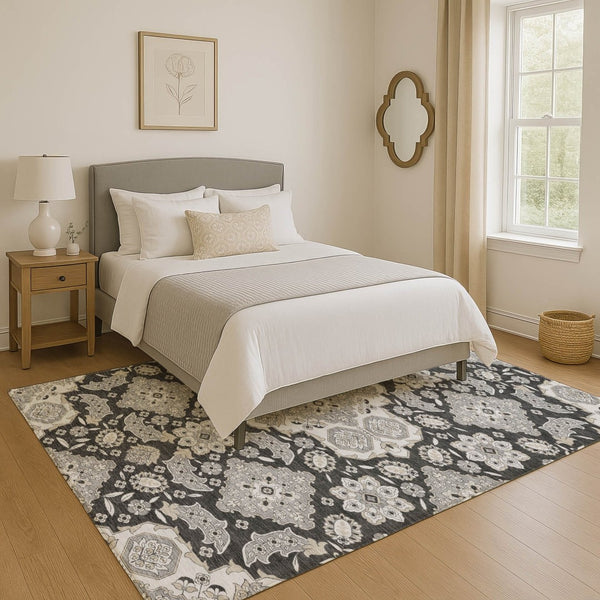 HomeRoots 10' Charcoal and Gray Floral Medallion Area Rug - Washable, UV-Protected, Stain-Resistant Design! 705833