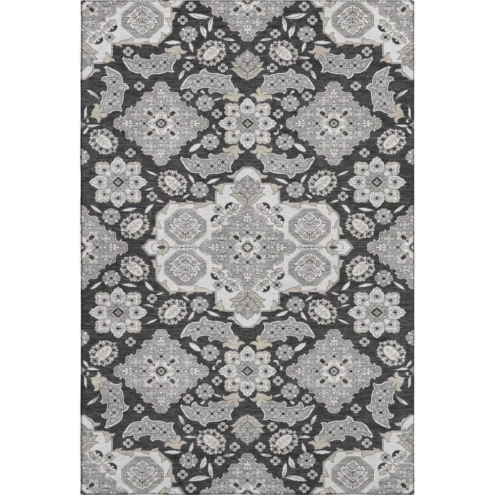 HomeRoots 10' Charcoal and Gray Floral Medallion Area Rug - Washable, UV-Protected, Stain-Resistant Design! 705833