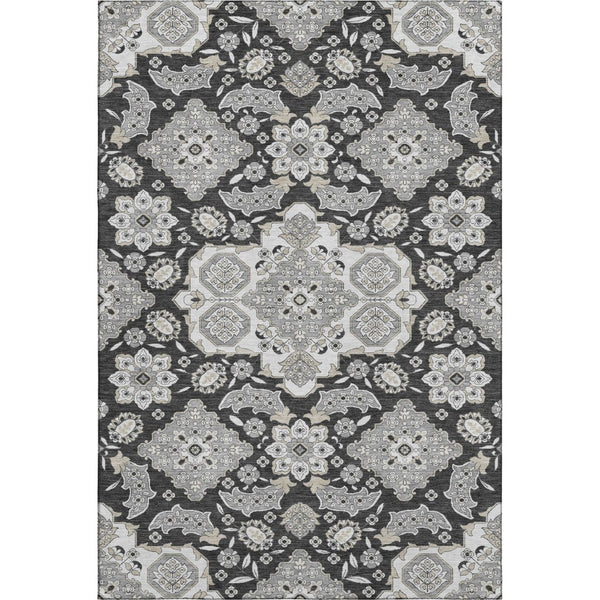 HomeRoots 10' Charcoal and Gray Floral Medallion Area Rug - Washable, UV-Protected, Stain-Resistant Design! 705833