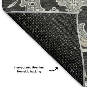 HomeRoots 10' Charcoal and Gray Floral Medallion Area Rug - Washable, UV-Protected, Stain-Resistant Design! 705833