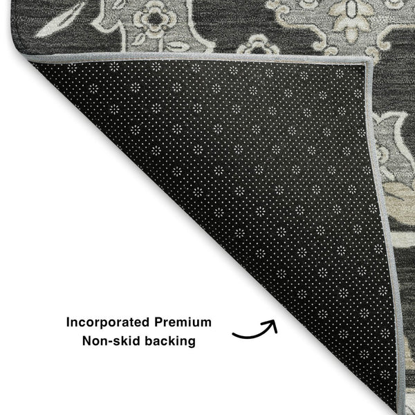 HomeRoots 10' Charcoal and Gray Floral Medallion Area Rug - Washable, UV-Protected, Stain-Resistant Design! 705833