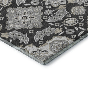 HomeRoots 10' Charcoal and Gray Floral Medallion Area Rug - Washable, UV-Protected, Stain-Resistant Design! 705833