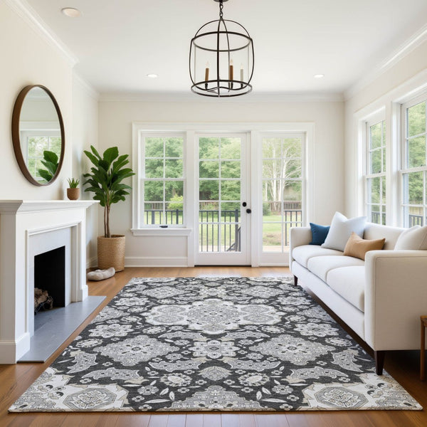 HomeRoots 10' Charcoal and Gray Floral Medallion Area Rug - Washable, UV-Protected, Stain-Resistant Design! 705833