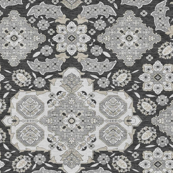 HomeRoots 10' Charcoal and Gray Floral Medallion Area Rug - Washable, UV-Protected, Stain-Resistant Design! 705833