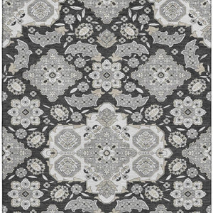 HomeRoots 10' Charcoal and Gray Floral Medallion Area Rug - Washable, UV-Protected, Stain-Resistant Design! 705833