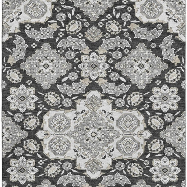HomeRoots 10' Charcoal and Gray Floral Medallion Area Rug - Washable, UV-Protected, Stain-Resistant Design! 705833
