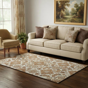HomeRoots 5' X 8' Washable Floral Medallion Area Rug - Copper & Beige with UV Protection for Family Living 705835