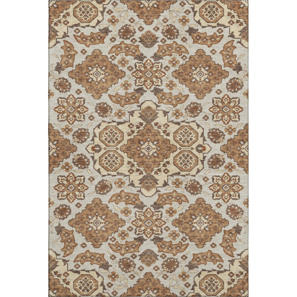 HomeRoots 5' X 8' Washable Floral Medallion Area Rug - Copper & Beige with UV Protection for Family Living 705835