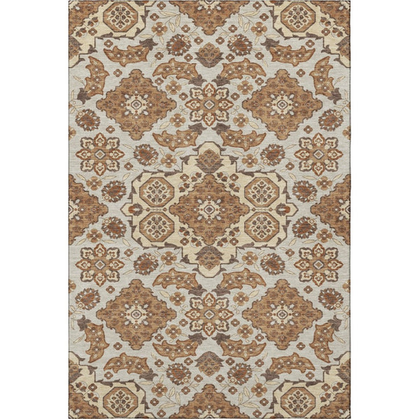 HomeRoots 5' X 8' Washable Floral Medallion Area Rug - Copper & Beige with UV Protection for Family Living 705835