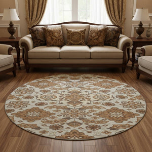 HomeRoots 8' Copper Floral Medallion Round Rug - Elegant, Washable with UV Protection & Stain Resistance for Homes 705836