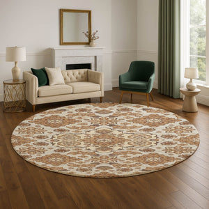 HomeRoots 8' Copper Floral Medallion Round Rug - Elegant, Washable with UV Protection & Stain Resistance for Homes 705836