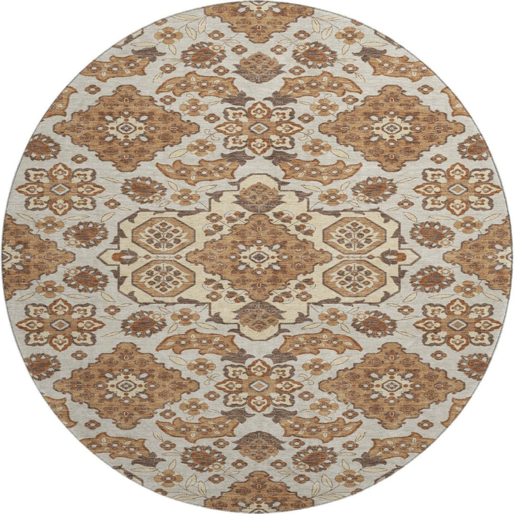 HomeRoots 8' Copper Floral Medallion Round Rug - Elegant, Washable with UV Protection & Stain Resistance for Homes 705836