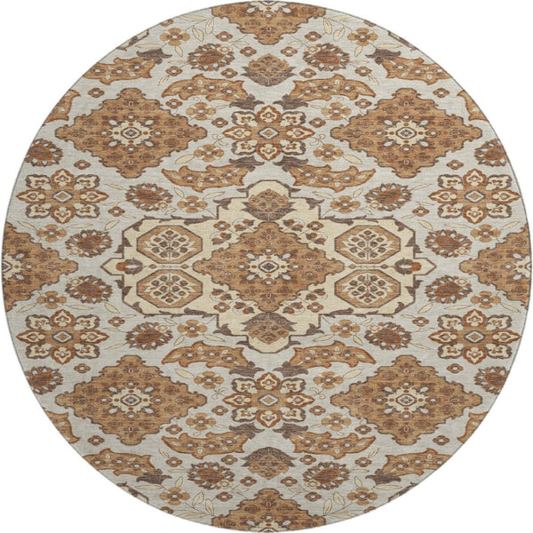 HomeRoots 8' Copper Floral Medallion Round Rug - Elegant, Washable with UV Protection & Stain Resistance for Homes 705836