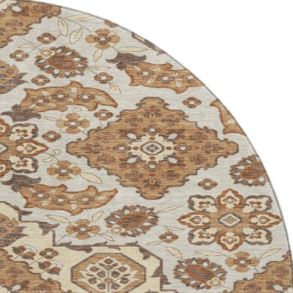 HomeRoots 8' Copper Floral Medallion Round Rug - Elegant, Washable with UV Protection & Stain Resistance for Homes 705836