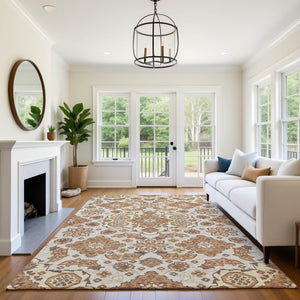 HomeRoots 8' X 10' Copper And Beige Floral Medallion Washable Area Rug - Durable, Stylish & UV Protected! 705837