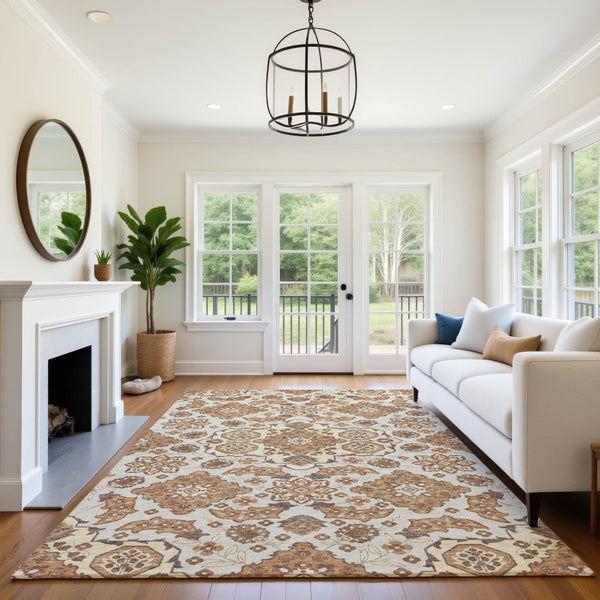 HomeRoots 8' X 10' Copper And Beige Floral Medallion Washable Area Rug - Durable, Stylish & UV Protected! 705837