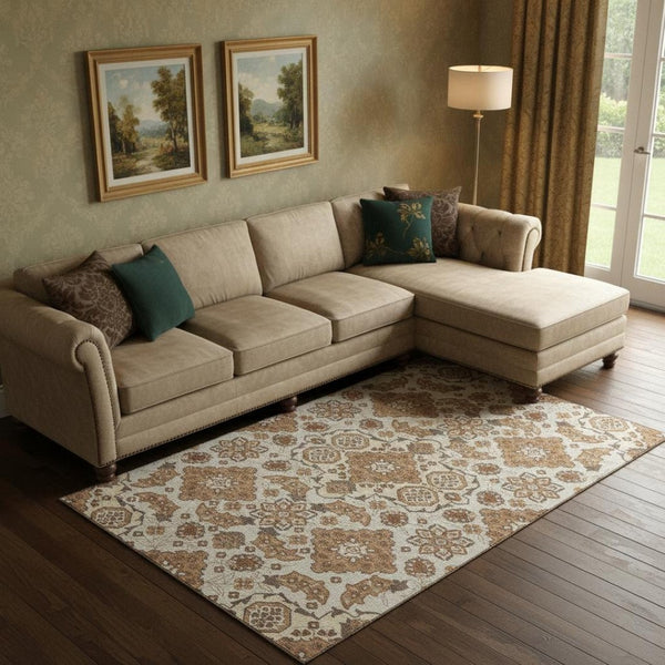 HomeRoots 9' X 12' Copper & Beige Floral Medallion Area Rug - Washable, UV-Protected, Durable for Family Homes 705838