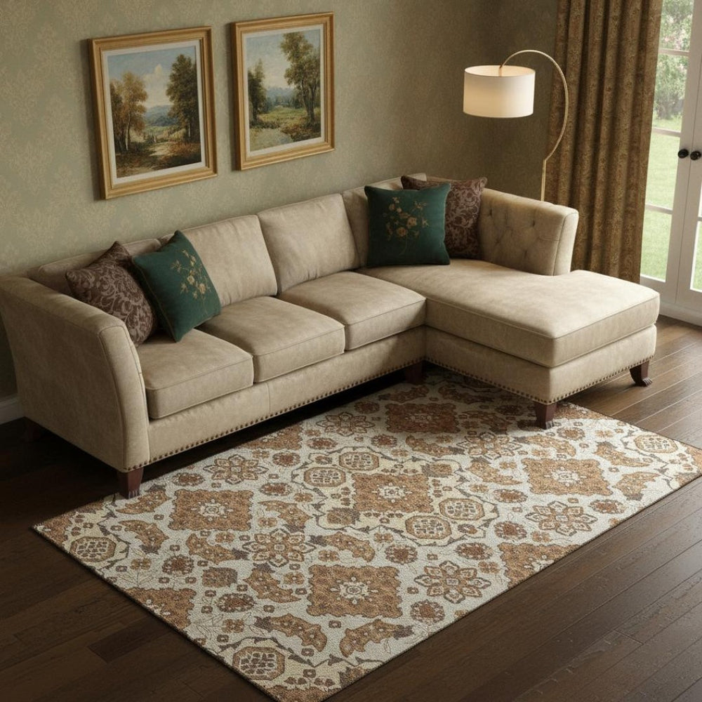 HomeRoots 10' X 14' Copper and Beige Floral Medallion Area Rug - Stylish, Washable, UV Protected, Durable Design 705839