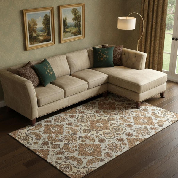 HomeRoots 10' X 14' Copper and Beige Floral Medallion Area Rug - Stylish, Washable, UV Protected, Durable Design 705839