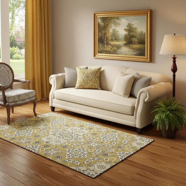 HomeRoots 5' X 8' Elegant Gold and Ivory Floral Medallion Area Rug – Durable, Washable, UV Protected Design 705841