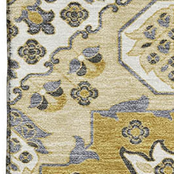 HomeRoots 5' X 8' Elegant Gold and Ivory Floral Medallion Area Rug – Durable, Washable, UV Protected Design 705841