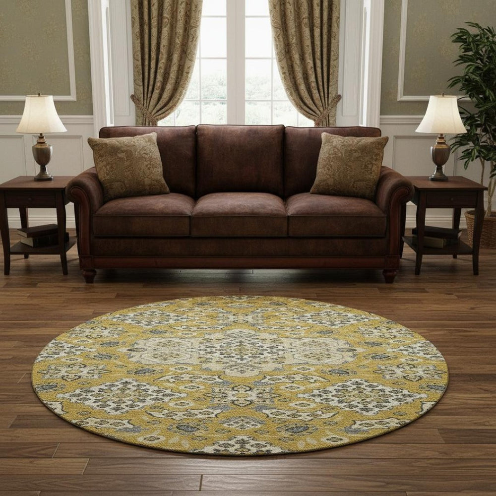 HomeRoots 8' Gold and Ivory Floral Medallion Round Rug – Washable, UV-Protected, Durable & Elegant Accent Piece 705842