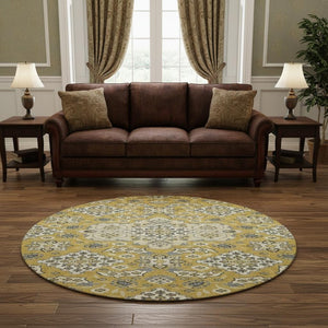 HomeRoots 8' Gold and Ivory Floral Medallion Round Rug – Washable, UV-Protected, Durable & Elegant Accent Piece 705842