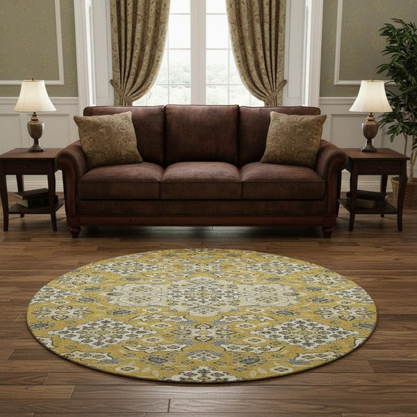 HomeRoots 8' Gold and Ivory Floral Medallion Round Rug – Washable, UV-Protected, Durable & Elegant Accent Piece 705842