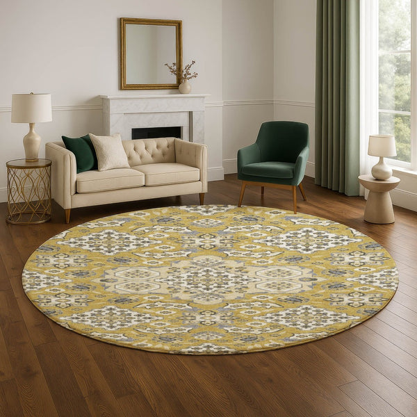 HomeRoots 8' Gold and Ivory Floral Medallion Round Rug – Washable, UV-Protected, Durable & Elegant Accent Piece 705842